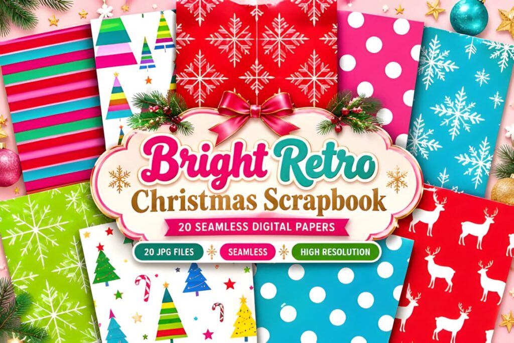 Christmas digital scrapbook paper with bright retro holiday patterns including stripes, snowflakes, polka dots, trees, and