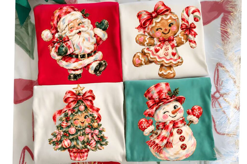 Christmas T-shirt design ideas for POD sellers featuring Santa, gingerbread, Christmas tree, and snowman brushstroke artwork