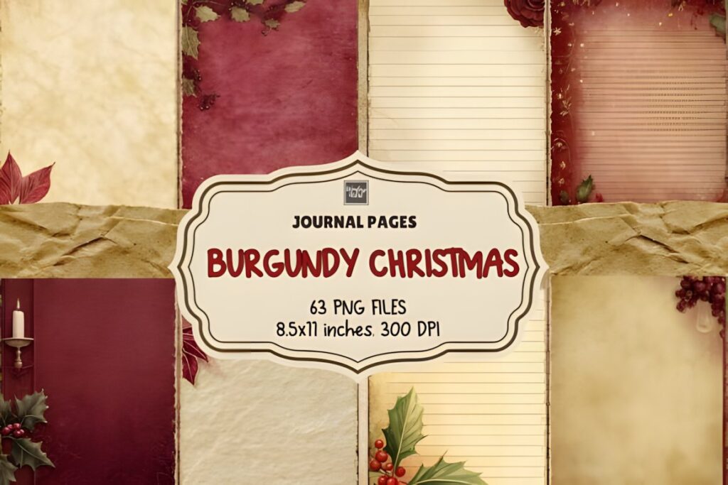 Burgundy Christmas digital scrapbook paper set with deep wine-red tones, gold filigree, poinsettias, candles, lace trims