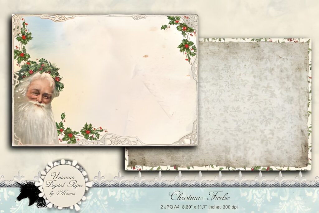 Christmas digital scrapbook paper for printables featuring vintage Victorian style with Santa and decorative holly borders
