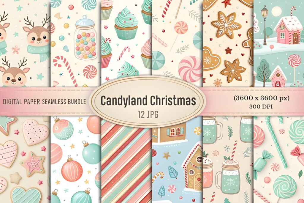 Christmas digital scrapbook paper with Candyland Christmas seamless patterns featuring sweets, gingerbread, and festive