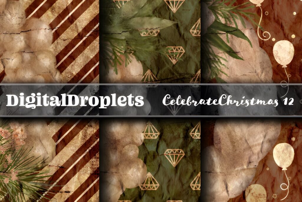 Celebrate Christmas 12 sampler of textured vintage Christmas digital scrapbook paper with ornaments and pine branches