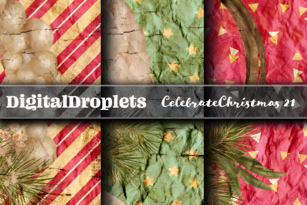 Celebrate Christmas 21 vintage Christmas digital scrapbook paper with textured red, green, and beige backgrounds and pine