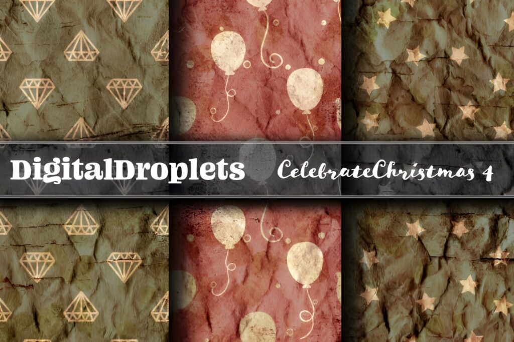 Christmas digital scrapbook paper set with vintage textured backgrounds featuring balloons, stars, and diamond shapes