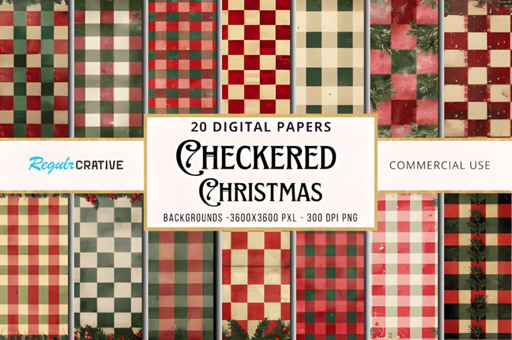Christmas digital scrapbook paper with various checkered patterns in red, green, beige, and cream colors