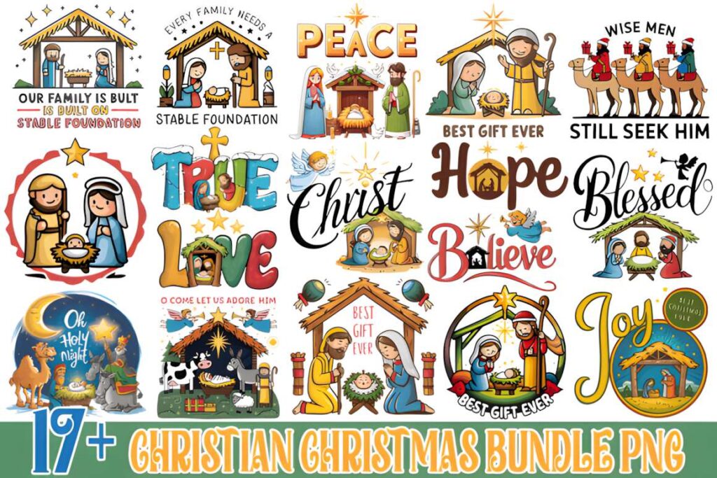Christian Christmas Bundle PNG with faith-oriented Christmas t-shirt design ideas for POD sellers featuring nativity scenes