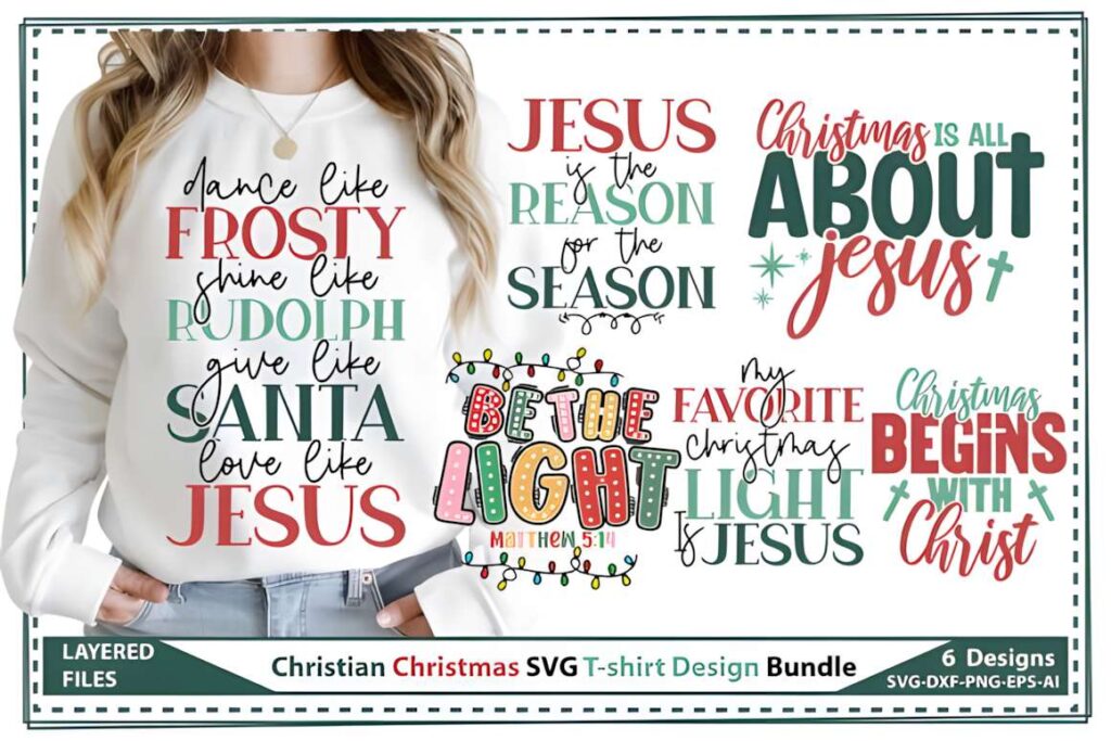Christmas T-shirt design ideas for POD sellers featuring Christian-themed holiday phrases and graphics