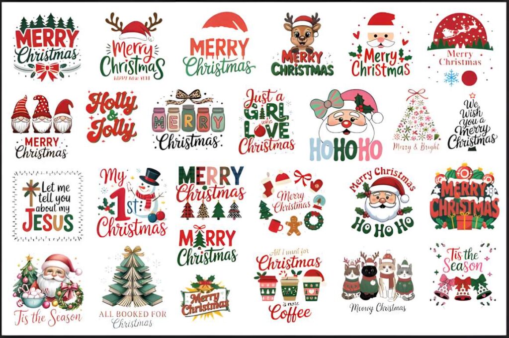 Christmas t-shirt design ideas for POD sellers featuring 26 cute and playful Christmas-themed PNG graphics including Santa