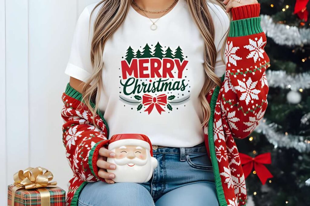 Christmas t-shirt design ideas for POD sellers featuring a Merry Christmas graphic with trees and a bow on a white tee