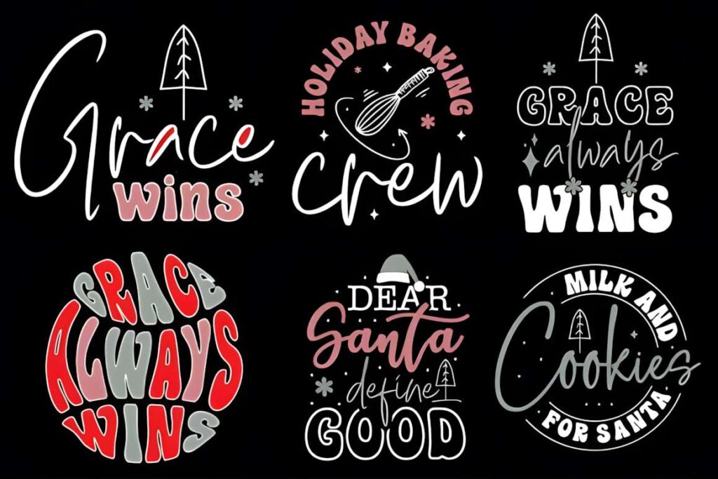 Christmas t-shirt design ideas for POD sellers featuring holiday-themed text graphics like Grace wins, Holiday baking crew