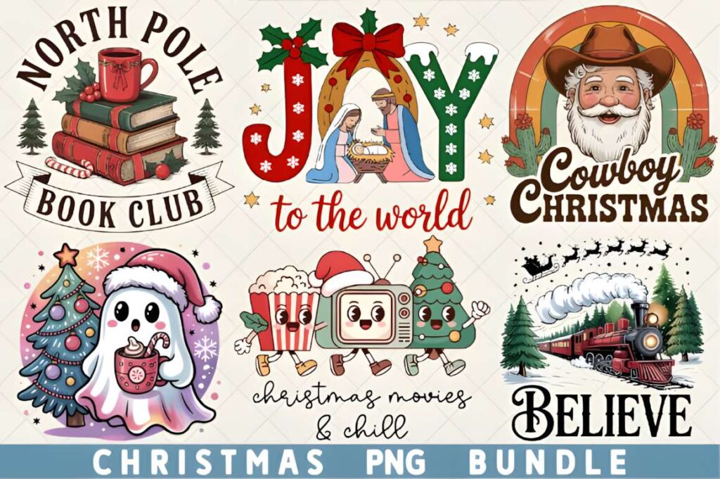Christmas t-shirt design ideas for POD sellers featuring North Pole Book Club, Joy to the World nativity, Cowboy Christmas