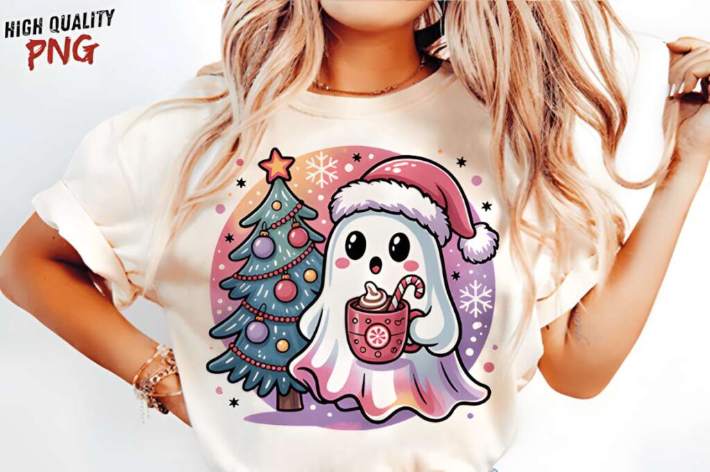 Christmas t-shirt design ideas for POD sellers featuring a ghost in a Santa hat holding a candy cane mug next to a decorated