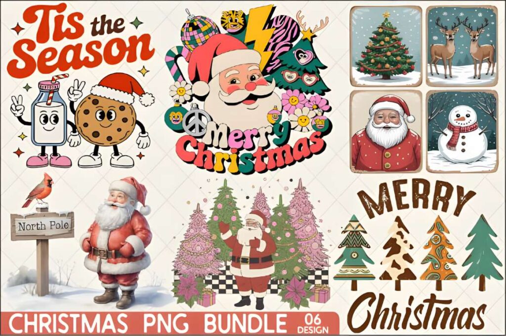 Christmas t-shirt design ideas for POD sellers featuring Santa Claus, Christmas trees, snowman, and festive characters
