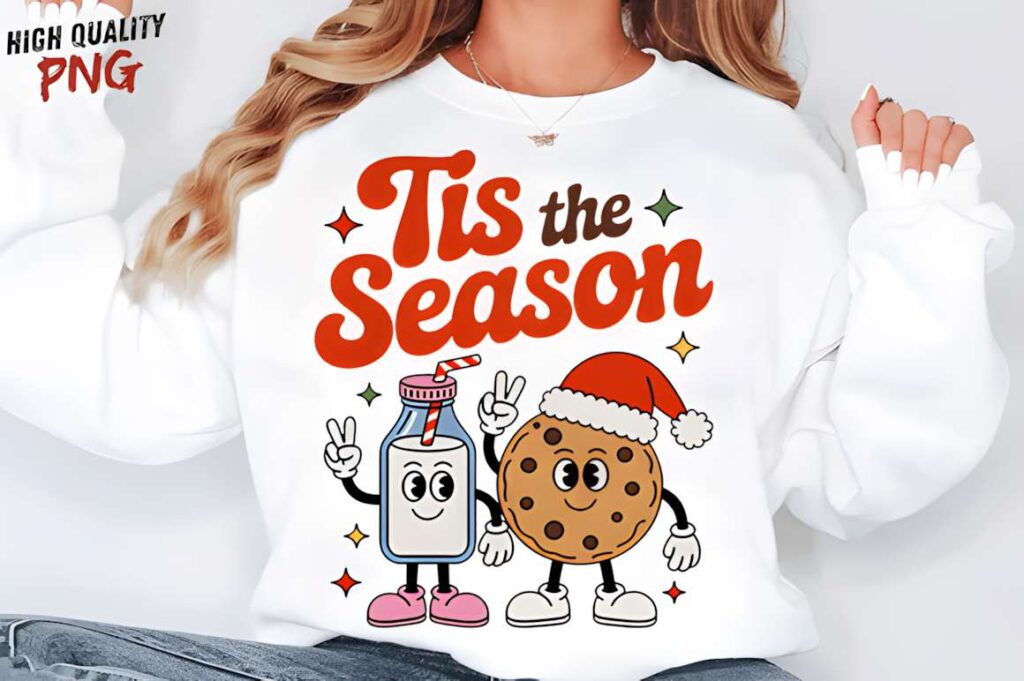 Christmas t-shirt design ideas for POD sellers featuring cartoon milk and cookie characters with Santa hat and festive text