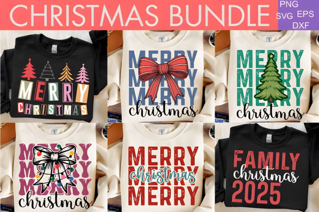 Christmas t-shirt design ideas for POD sellers featuring six holiday-themed graphic shirts with Merry Christmas and Family