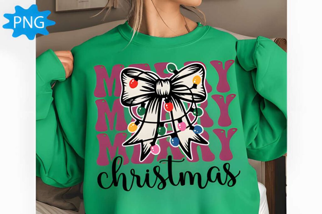 Christmas t-shirt design ideas for POD sellers featuring a green sweatshirt with a large bow and colorful Christmas lights