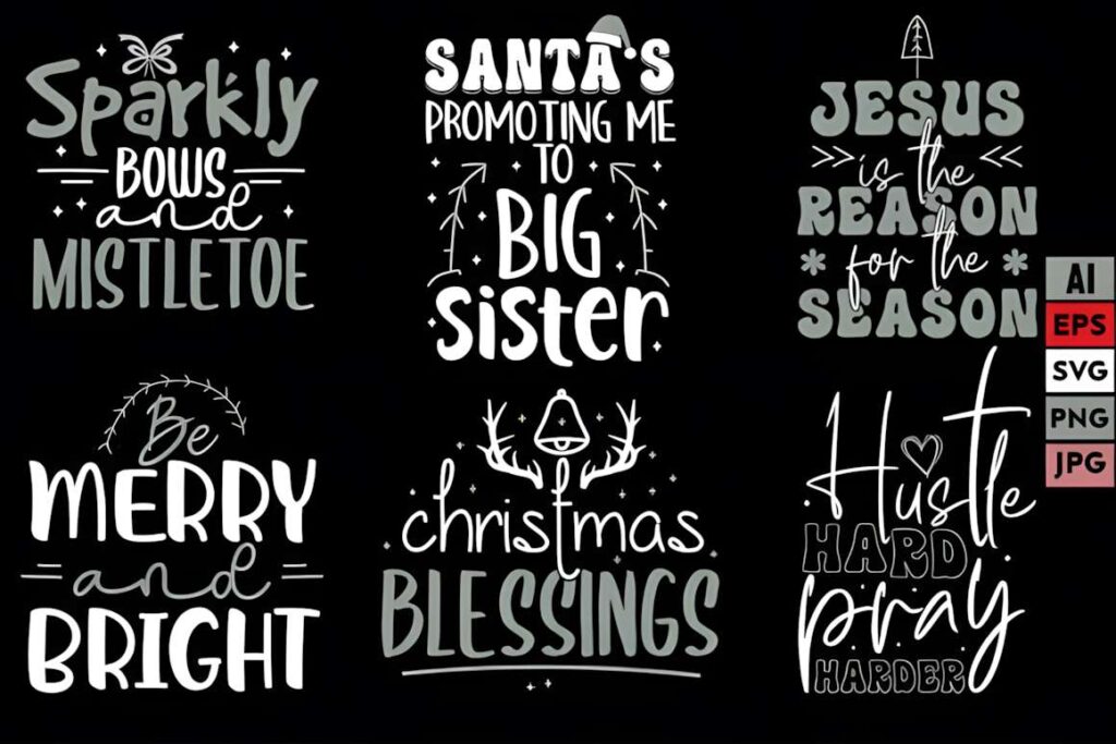 Christmas T-shirt design ideas for POD sellers featuring festive phrases like Sparkly Bows and Mistletoe, Santa's Promoting
