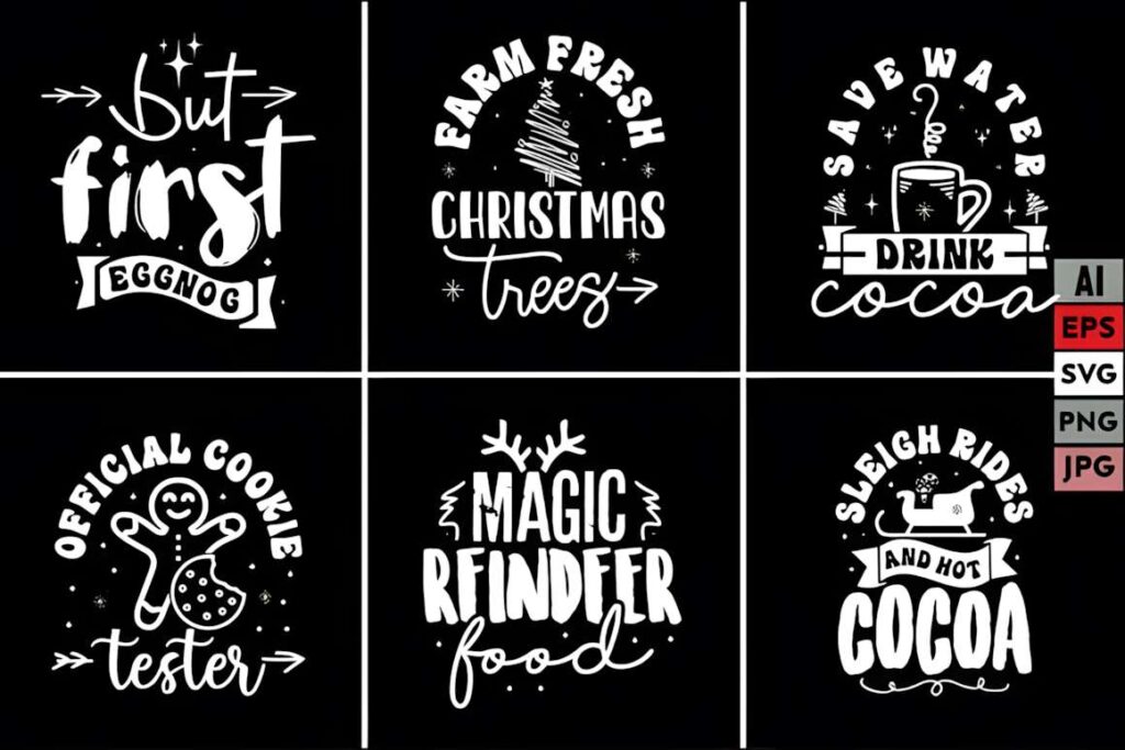 Christmas t-shirt design ideas for POD sellers featuring six white holiday-themed graphics on black background including