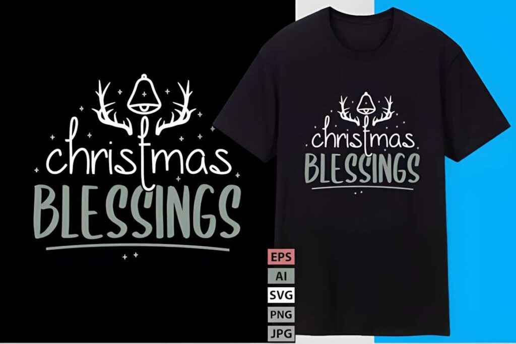Christmas t-shirt design ideas for POD sellers featuring Christmas Blessings text with bell and antlers graphic on black