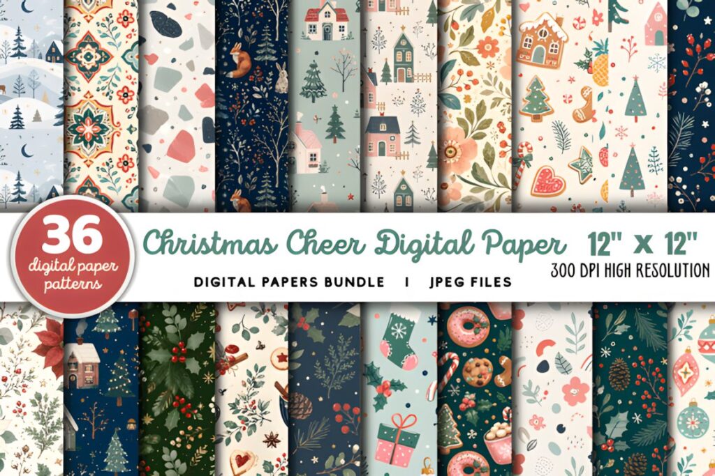 Christmas digital scrapbook paper featuring 36 festive patterns including holiday motifs, gifts, and seasonal decorations