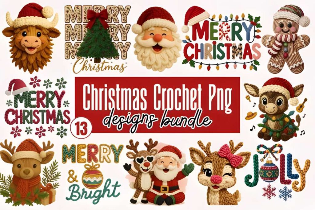 Christmas T-shirt design ideas for POD sellers featuring faux yarn crochet style holiday characters and text graphics
