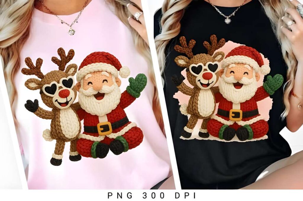 Christmas T-shirt design ideas for POD sellers featuring faux yarn crochet style Santa and reindeer on pink and black shirts