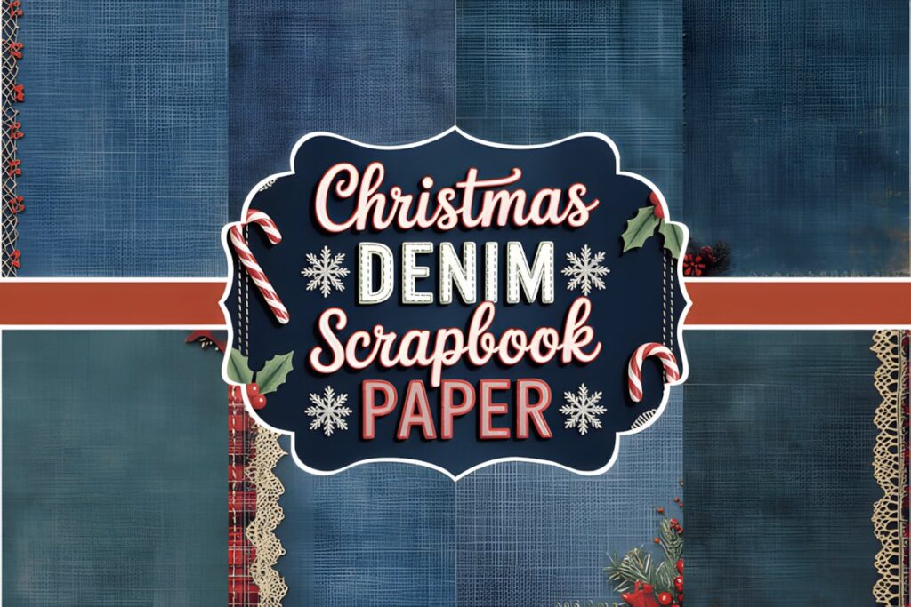 Christmas digital scrapbook paper with denim textures, stitched effects, snowflakes, holly, and embroidery details