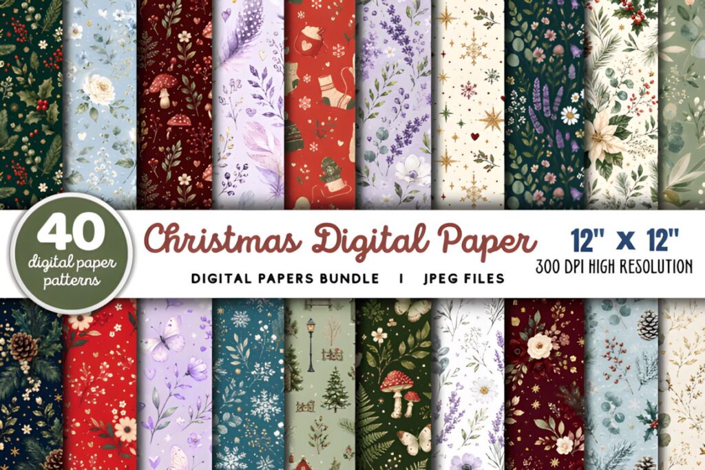 Christmas digital scrapbook paper featuring 40 patterns with floral, holiday, and winter themes in various colors