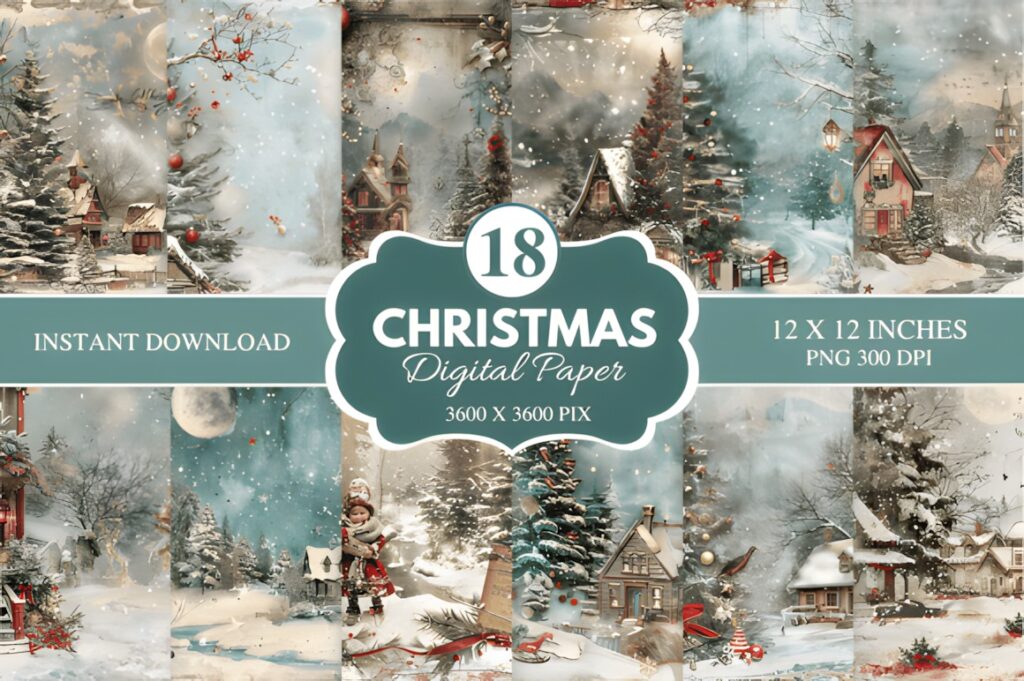 Christmas digital scrapbook paper for printables featuring snowy village scenes with trees, houses, and festive decorations