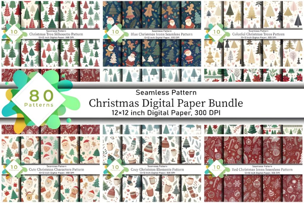 Christmas digital scrapbook paper bundle with 80 seamless holiday patterns featuring trees, gingerbread, and festive icons