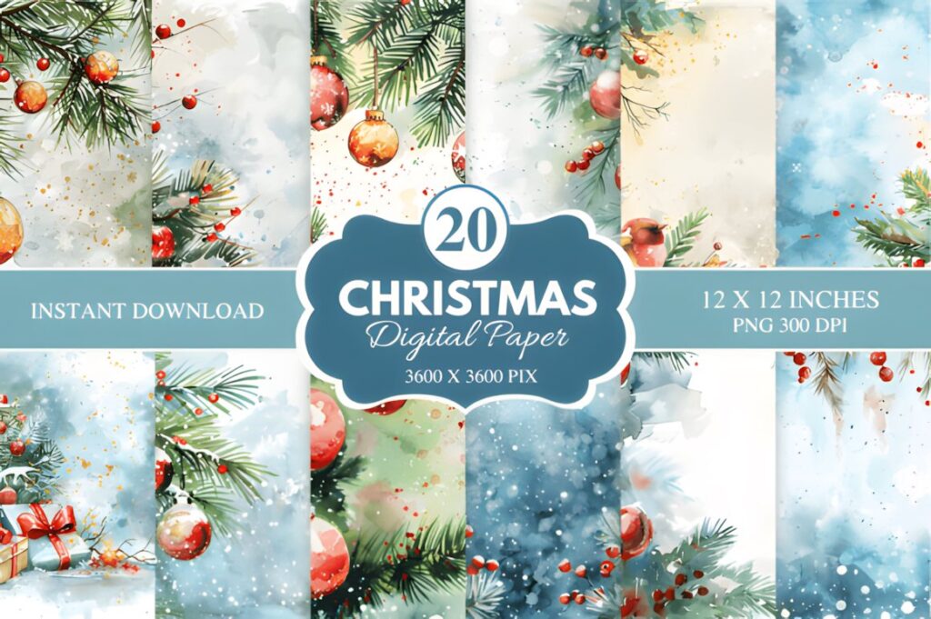 Christmas digital scrapbook paper with festive pine branches, red ornaments, and snowy backgrounds in various blue and white