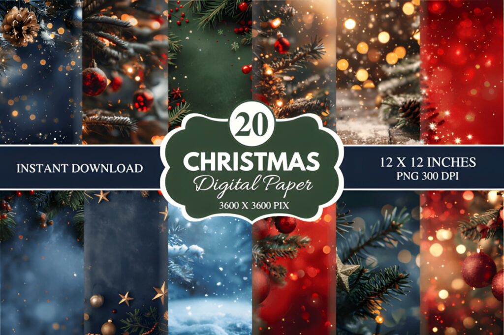Christmas digital scrapbook paper for printables featuring festive pine branches, red berries, pine cones, and bokeh lights