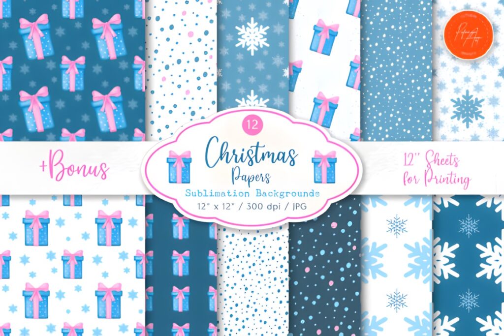 Christmas digital scrapbook paper for printables featuring gift boxes, snowflakes, and festive patterns in blue and white