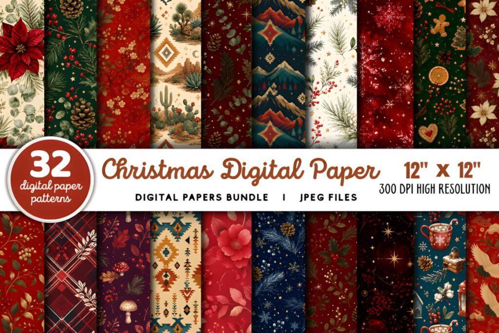 Christmas digital scrapbook paper bundle with 32 festive patterns including poinsettias, pine cones, plaid, and holiday