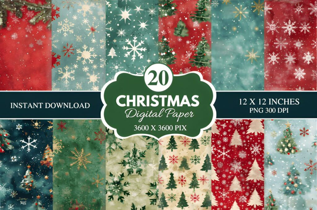 Christmas digital scrapbook paper with various festive patterns including snowflakes, trees, and stars in red, green, and