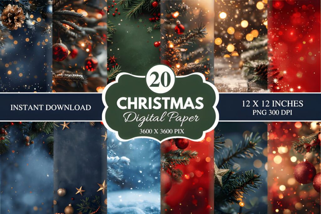Christmas digital scrapbook paper pack with various festive backgrounds featuring pine branches, berries, and lights