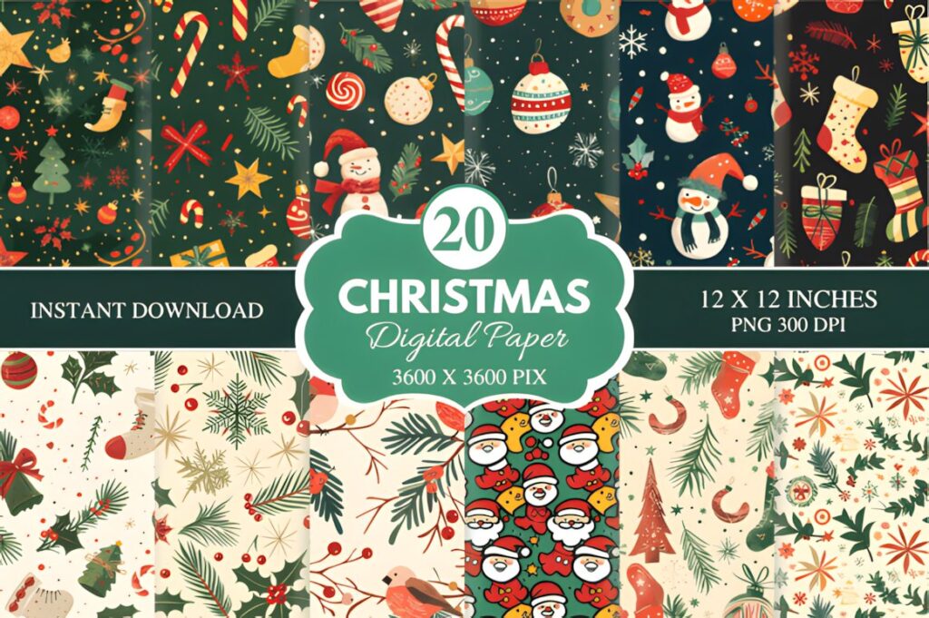 Christmas digital scrapbook paper with festive patterns including candy canes, snowmen, ornaments, and holiday greenery
