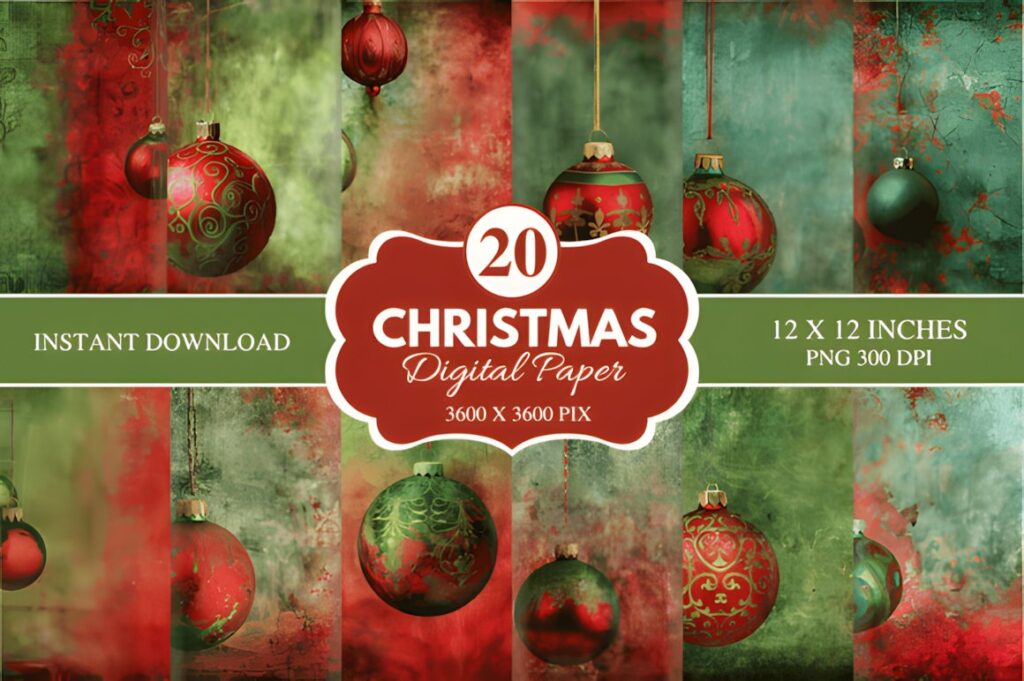 Christmas digital scrapbook paper featuring red and green holiday ornaments with textured backgrounds