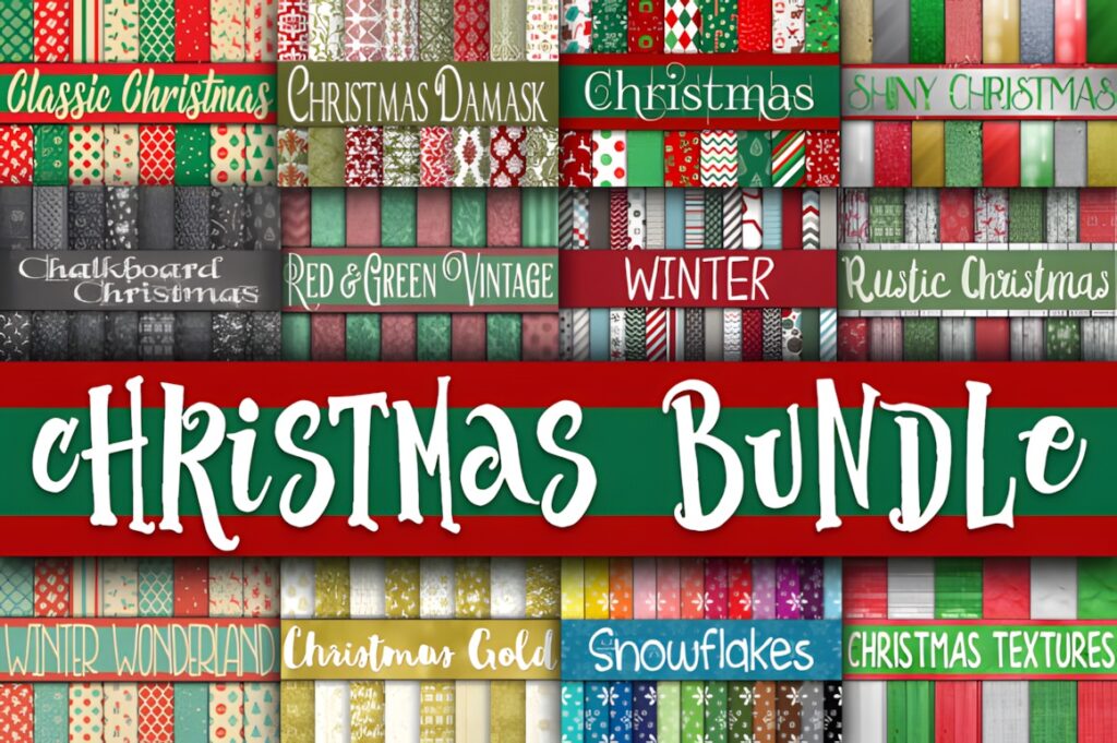 Christmas digital scrapbook paper bundle featuring classic, damask, rustic, chalkboard, shiny, vintage, and winter patterns