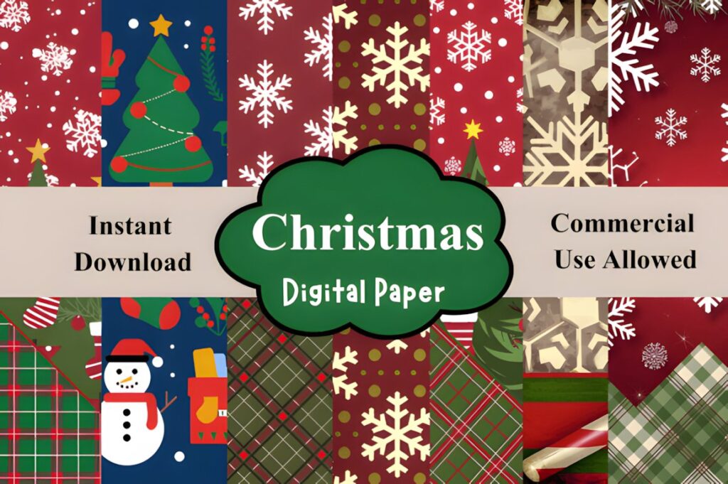 Christmas digital scrapbook paper with snowflakes, Christmas trees, snowmen, and plaid patterns in red, green, and beige