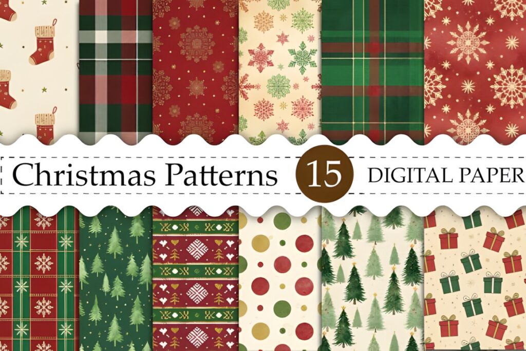 Christmas digital scrapbook paper set with 15 festive patterns including stockings, snowflakes, plaid, trees, and gifts