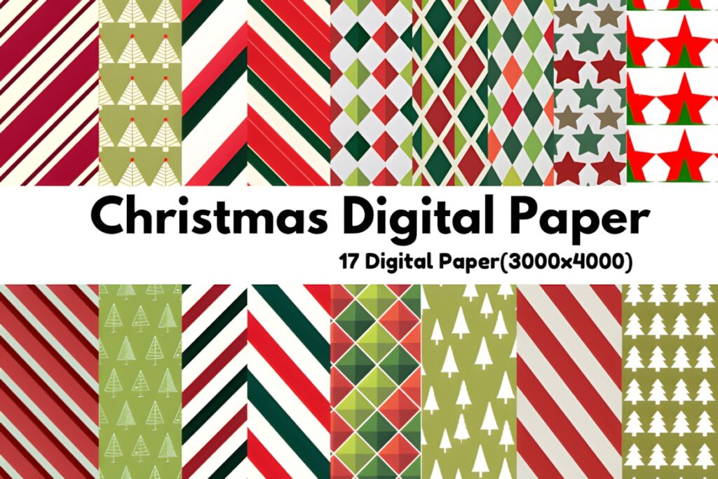 Christmas digital scrapbook paper with various festive patterns including stripes, trees, stars, and diamonds in red, green