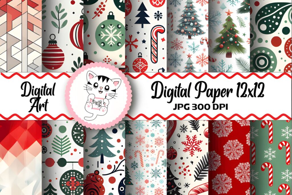 Christmas digital scrapbook paper pack with various holiday-themed patterns including trees, ornaments, candy canes, and