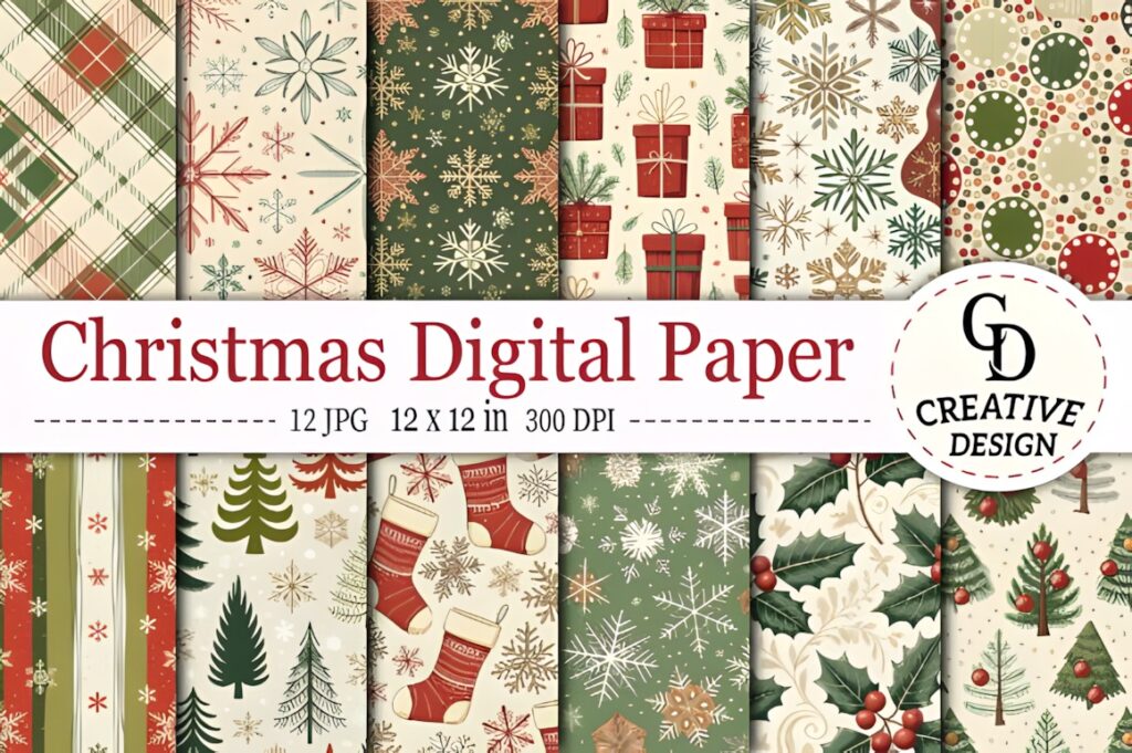 Christmas digital scrapbook paper featuring 12 high-quality JPG patterns with holiday themes like trees, snowflakes, gifts