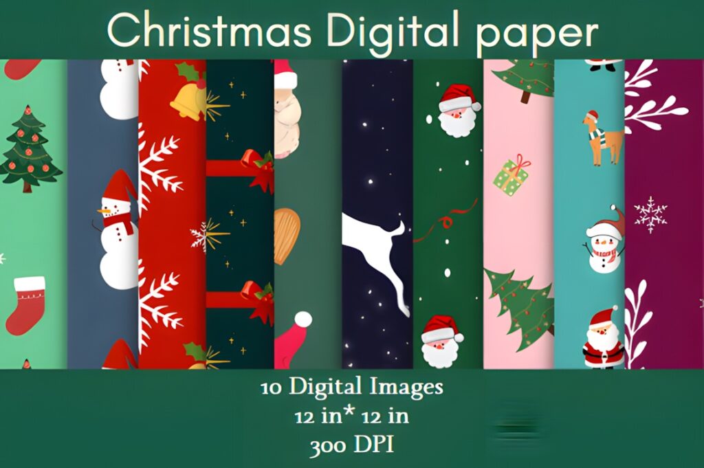 Christmas digital scrapbook paper featuring 10 seamless patterns with festive holiday designs in bright seasonal colors