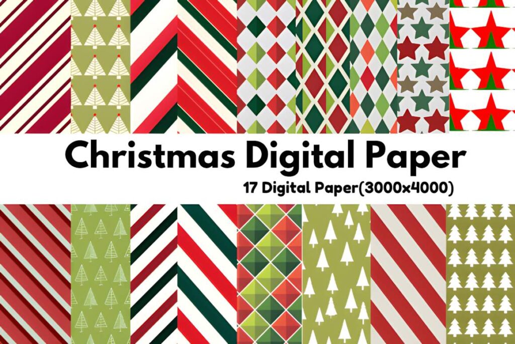Christmas digital scrapbook paper collection with 17 festive patterned sheets in red, green, white, and gold colors