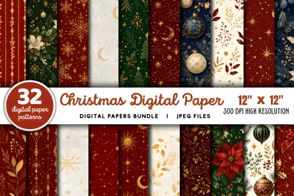 Christmas digital scrapbook paper with 32 patterns in red, green, white, and gold featuring snowflakes, stars, poinsettias