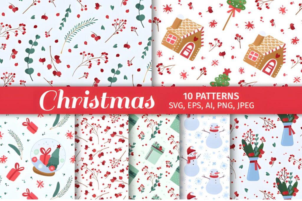 Christmas digital scrapbook paper featuring holiday patterns with seasonal plants, snowmen, and gingerbread houses