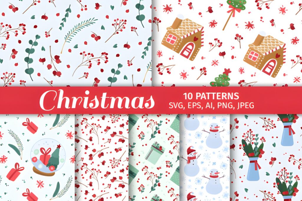 Christmas digital scrapbook paper featuring winter plants, snowmen, and holiday motifs in 10 seamless patterns