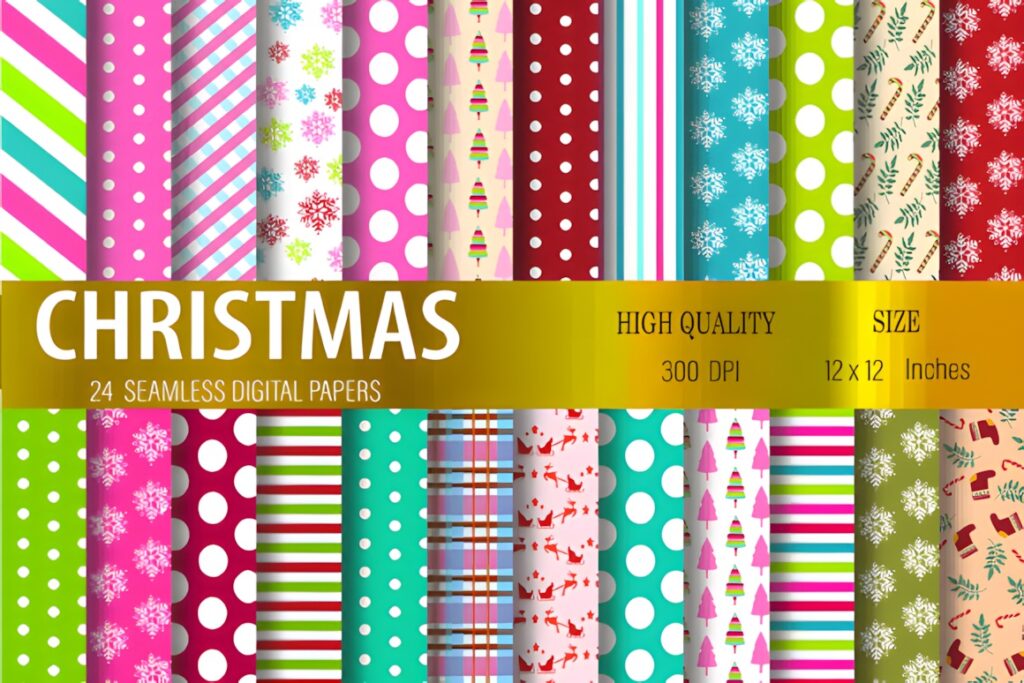 Christmas digital scrapbook paper set with 24 seamless seasonal patterns including stripes, polka dots, snowflakes, and